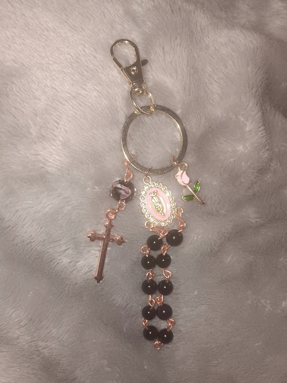 Rosary Bead Keychain with Cross and Pink Madonna Medallion